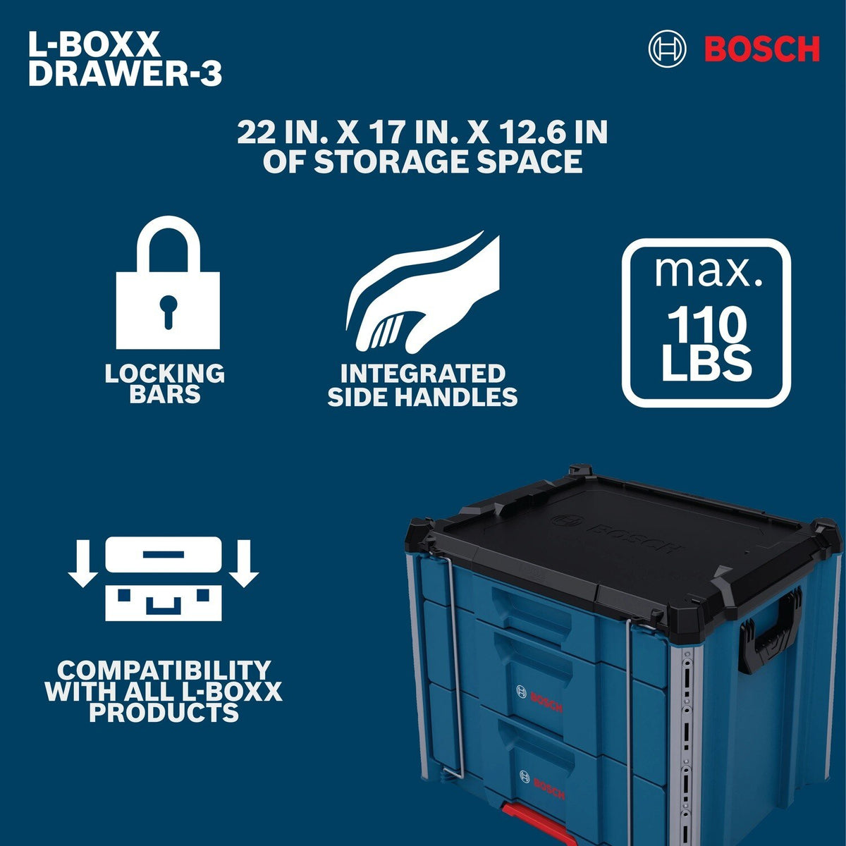 Bosch DRAWER-3 L-BOXX Contractor 3 Drawer Storage Unit 22" x 17" x 12.6" Storage Space - 3