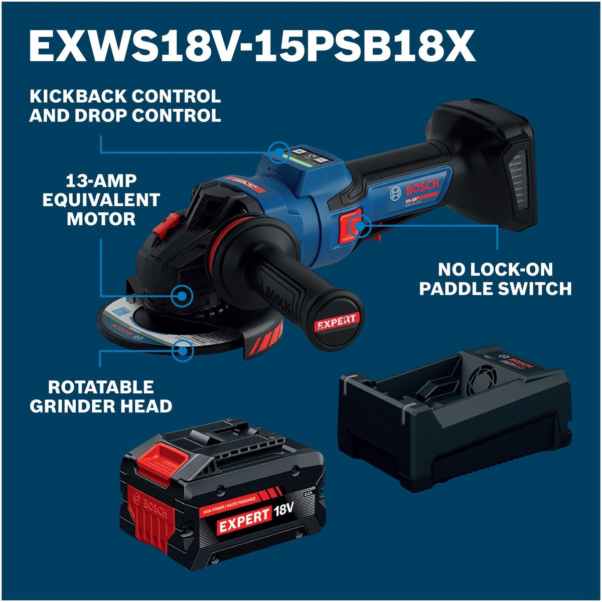 Bosch EXWS18V-15PSB18X EXPERT 18V 5" to 6" Brushless Angle Grinder Kit with No Lock-On Paddle Switch and 8.0 Ah Battery with Multi-Voltage Charger - 2