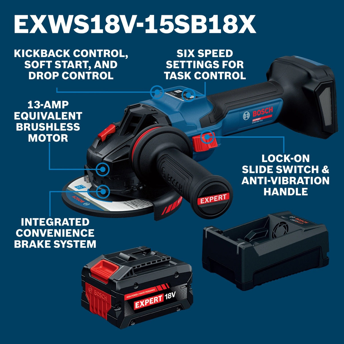 Bosch EXWS18V-15SB18X 18V 5" to 6" Brushless Angle Grinder Kit with 8 Ah Battery and Charger - 2