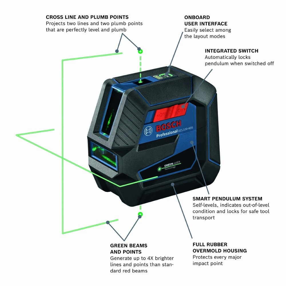 Bosch GCL100-40G Green-Beam Self-Leveling Cross-Line Laser with Plumb Points - 2