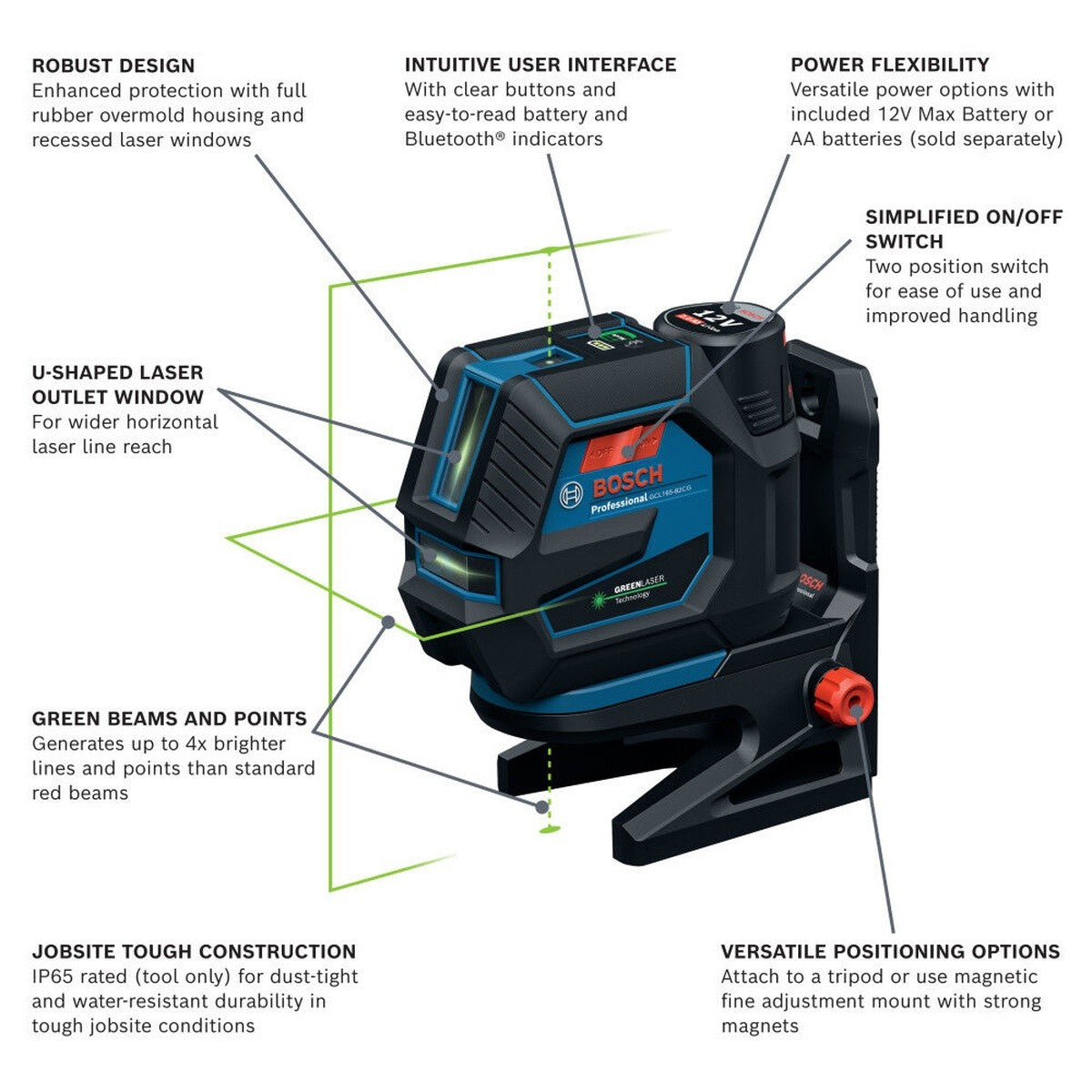 Bosch GCL165-82CGL 12V Self-Leveling Cross-Line Laser w/ Plumb Points-Green - 2