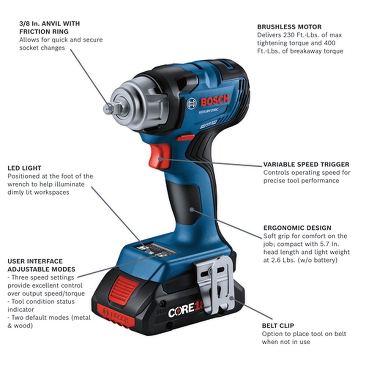 Bosch GDS18V-230CB24 18V 3/8" Brushless Impact Wrench Friction Ring Kit (2 Batteries) - 2