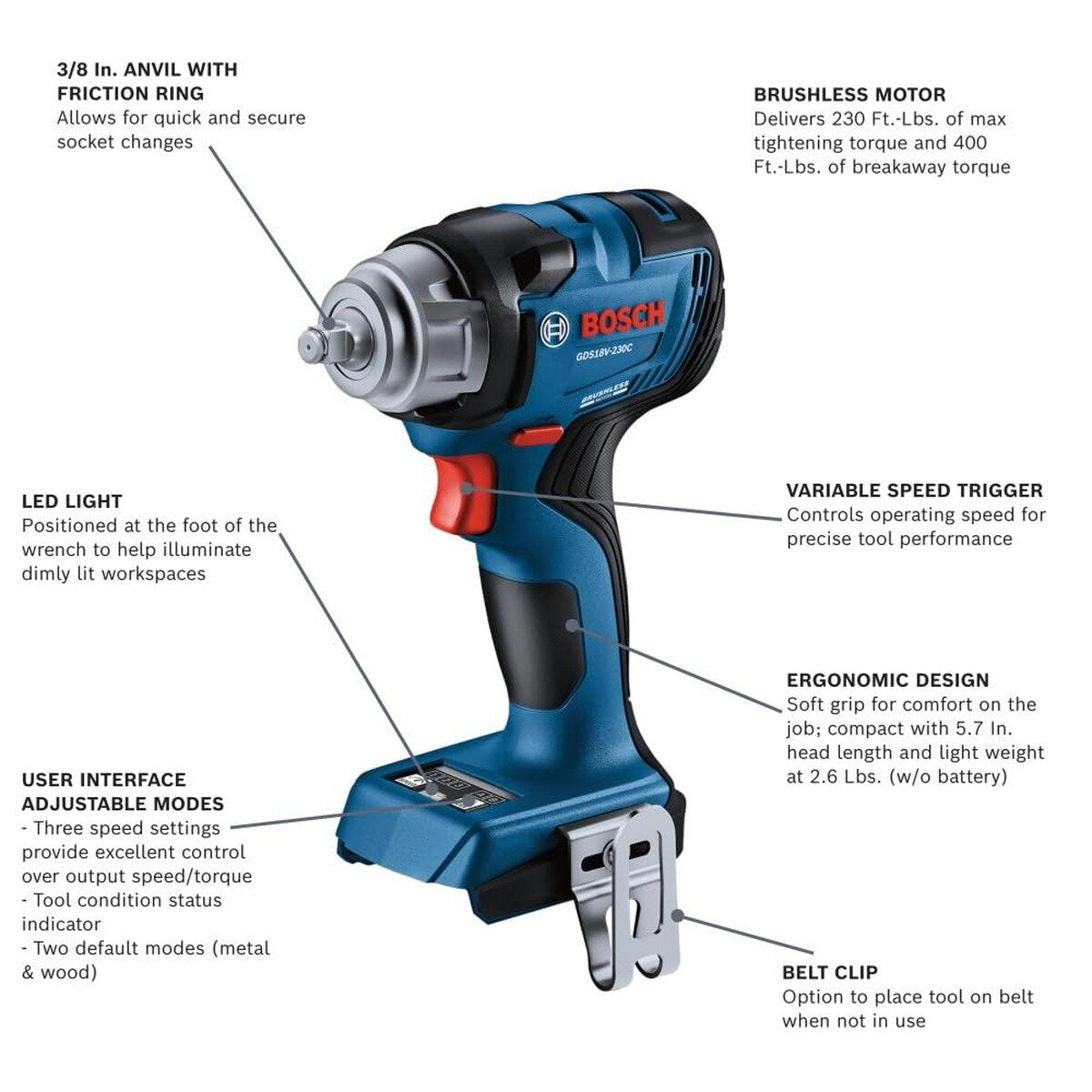 Bosch GDS18V-230CN 18V Brushless 3/8" Impact Wrench Friction Ring & CoMo Bare Tool - 2