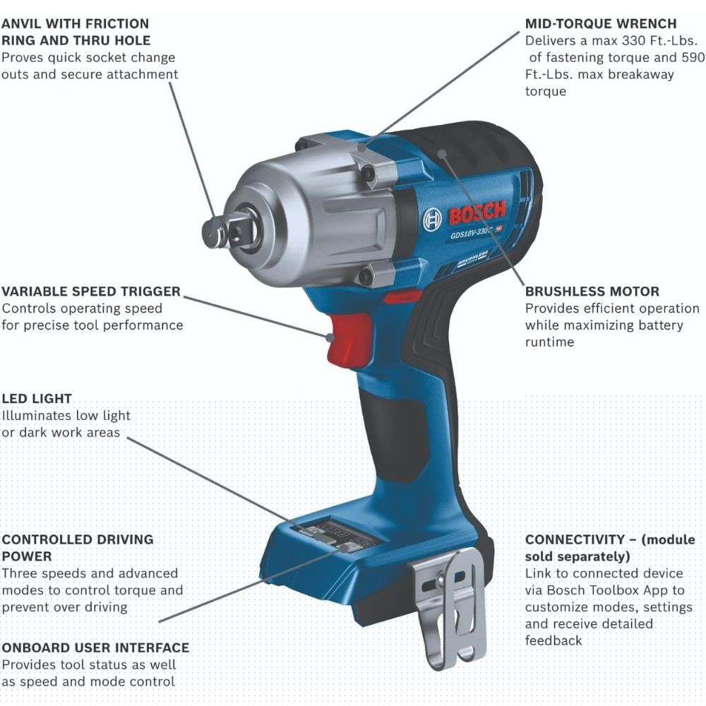 Bosch GDS18V-330CN 18V Brushless Connected-Ready 1/2 In. Mid-Torque Impact Wrench with Friction Ring and Thru-Hole (Bare Tool) - 2
