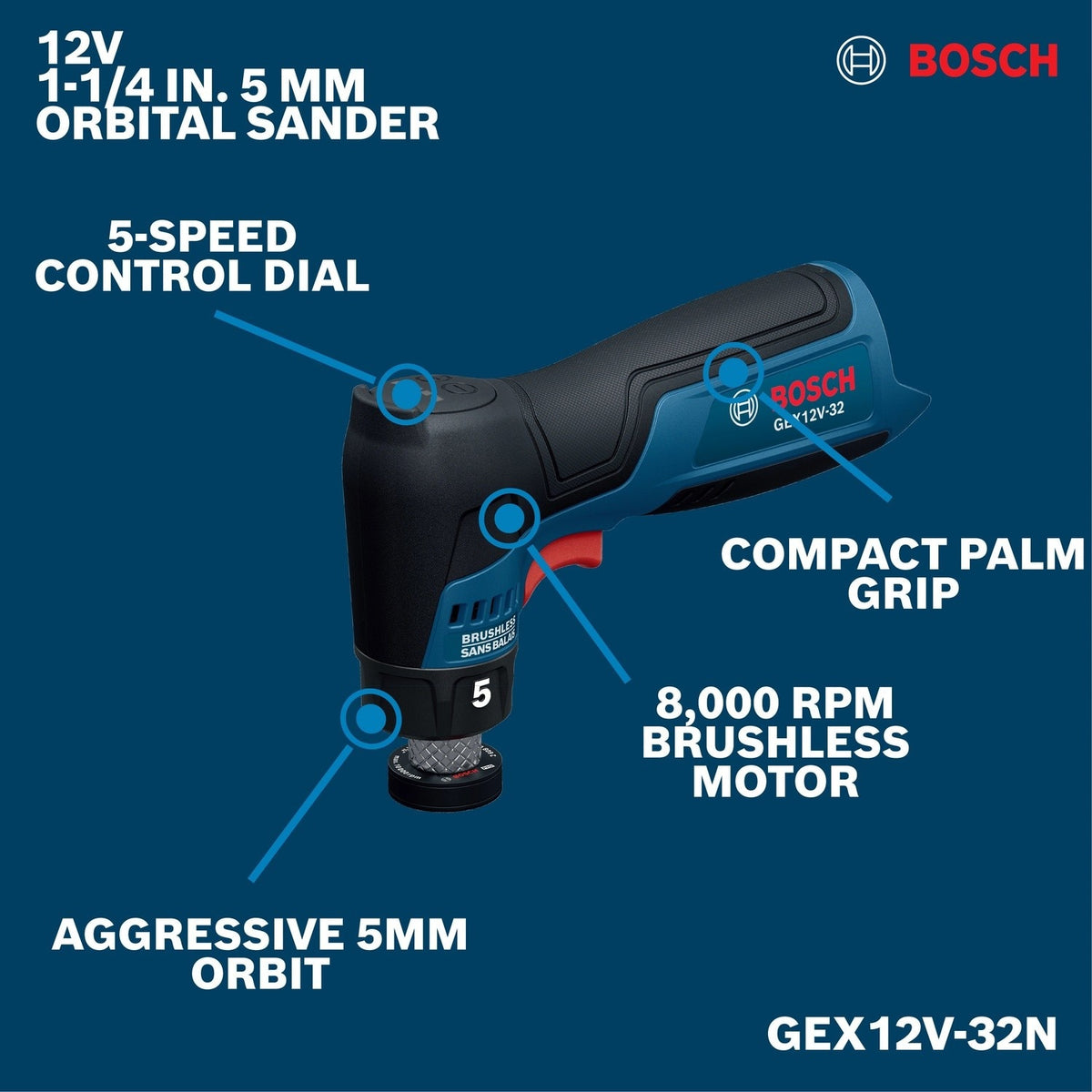 Bosch GEX12V-32N 12V Compact Cordless Brushless 1-1/4" Random Orbital Sander Bare Tool - 2