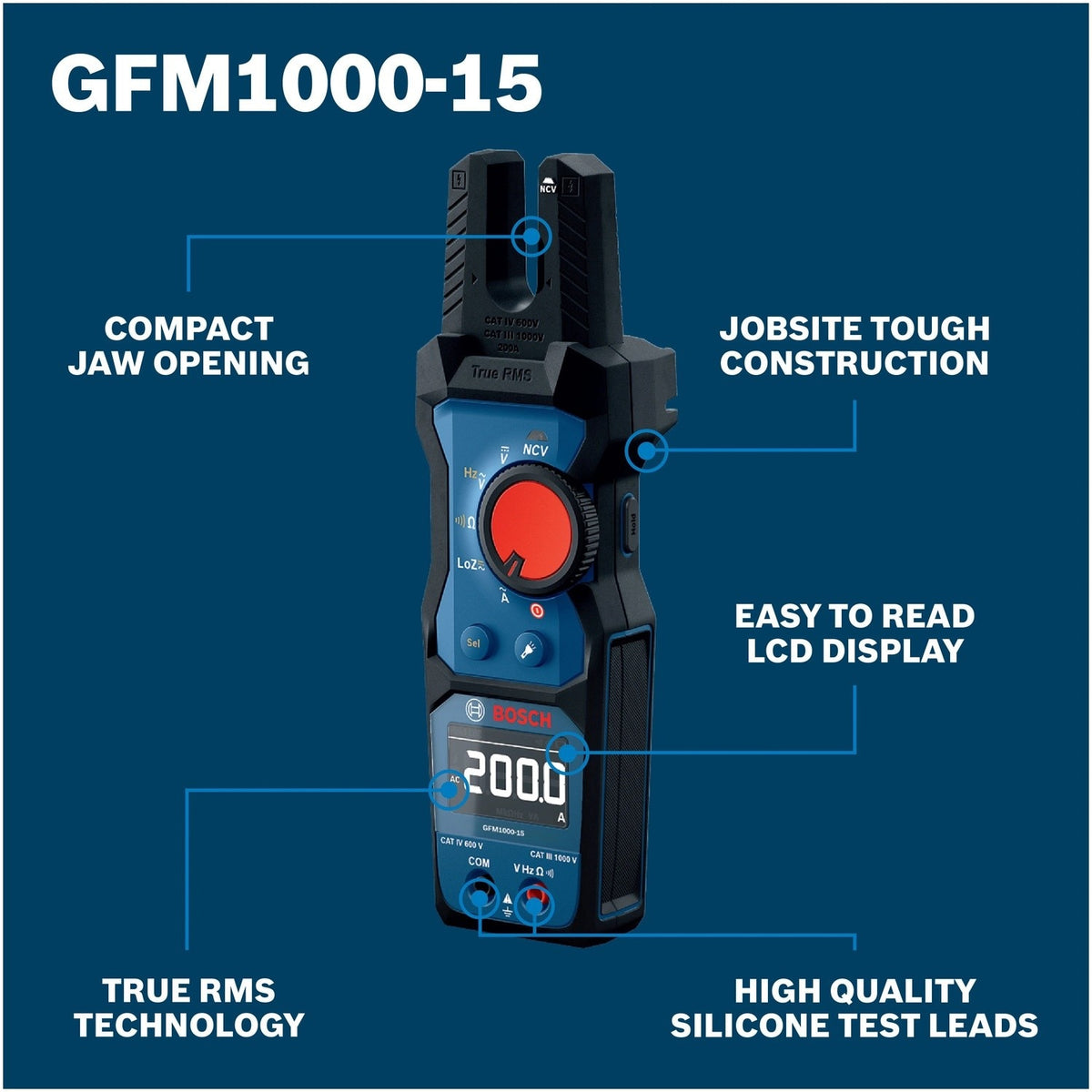 Bosch GFM1000-15 True RMS Fork Meter with Open Jaw Design for 200A AC and 1000V Testing - 2