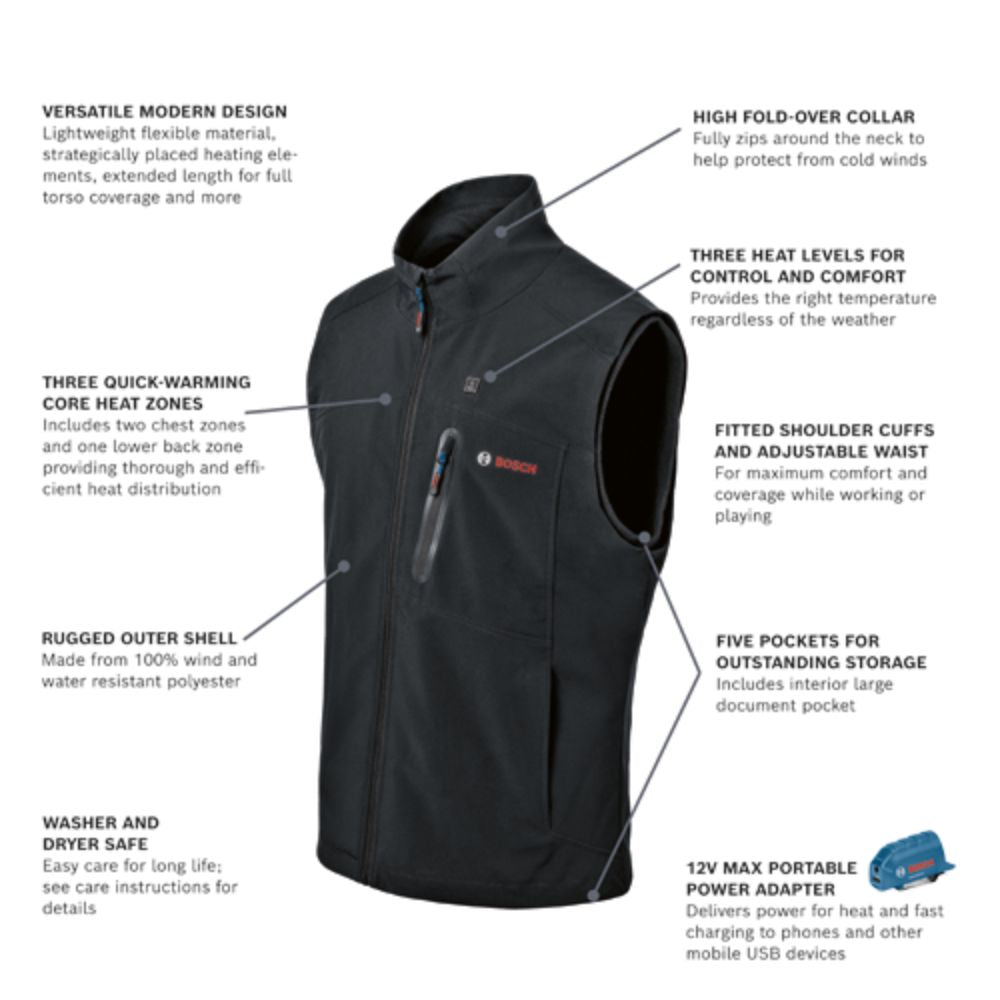 Bosch GHV12V-20XXLN12 12V Max Heated Vest Kit with Portable Power Adapter - Size 2X Large - 2