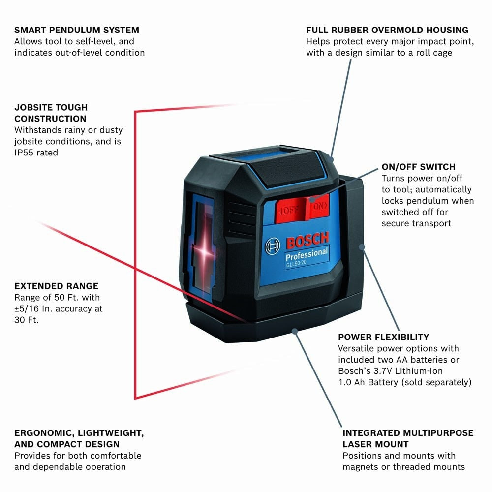 Bosch GLL50-20 1.5V Self-Leveling Cross-Line Laser - Red - 2