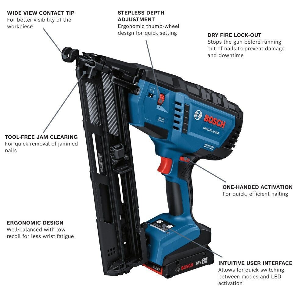 Bosch GNH18V-15MAB12 18V Brushless 15-Gauge Angled Finish Nailer Kit with (1) 2 Ah Standard Power Battery - 2