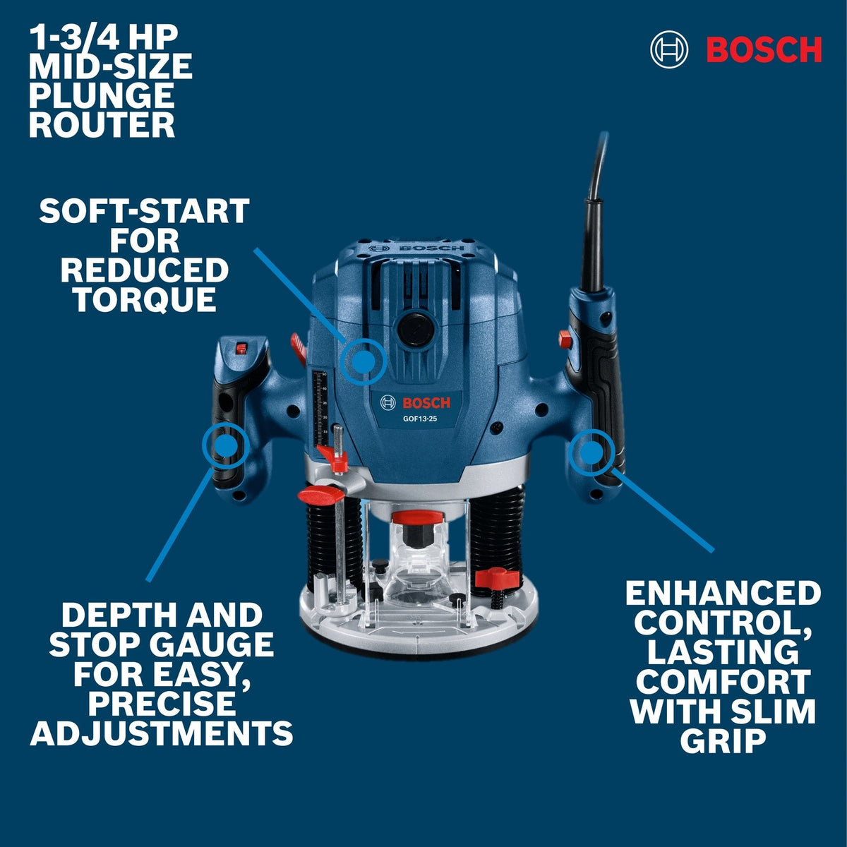 Bosch GOF13-25 1-3/4 HP Mid-Size Plunge Router with Variable Speed and Soft Start