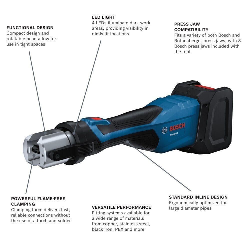 Bosch GPT18V-32L14 Press Tool Kit W/ 1/2", 3/4", and 1" Jaws, (1) CORE18V 4 Ah Battery & (1) GAL18V-40 18V Standard Charger - 2