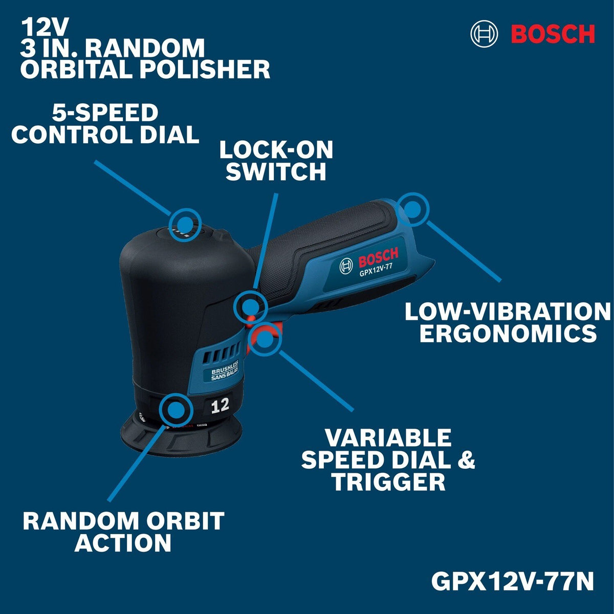 Bosch GPX12V-77N 12V Compact Cordless Brushless 3" Random Orbital Polisher Bare Tool - 2