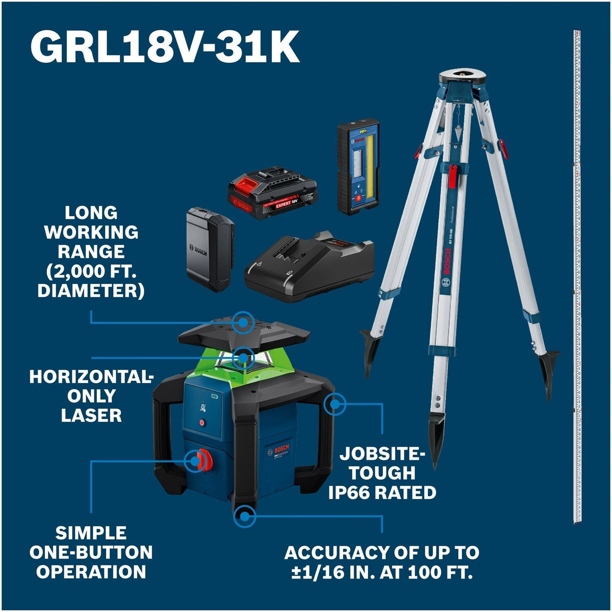 Bosch GRL18V-31K 18V Green Beam Horizontal Rotary Laser Kit with Carrying Case - 2