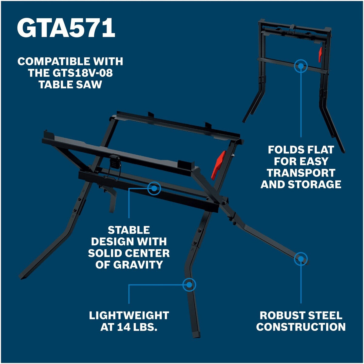 Bosch GTA571 Folding Table Saw Scissor Stand for GTS18V-08 Table Saw with 185 lb Capacity - 2