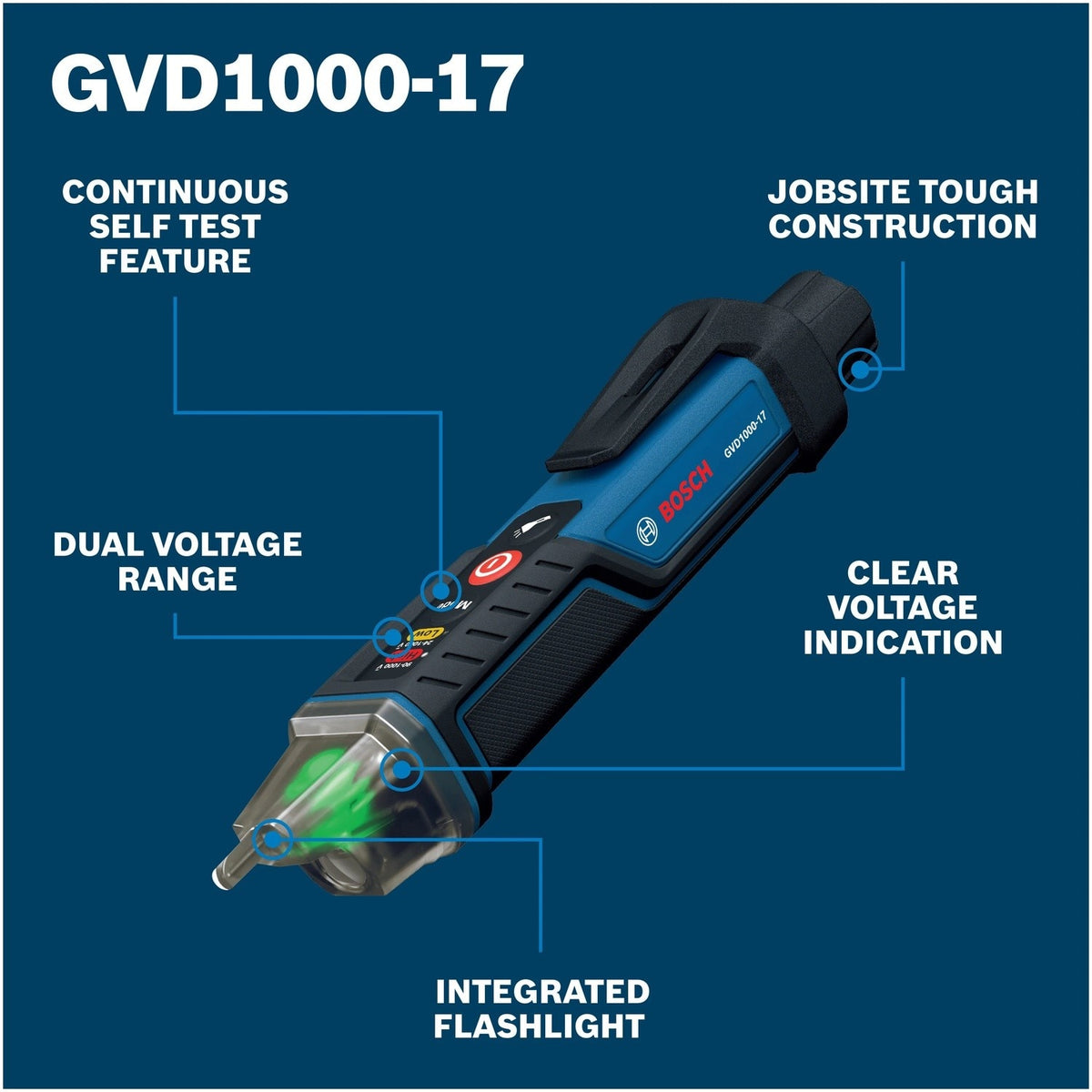 Bosch GVD1000-17 Non Contact Voltage Tester 24V to 1000V AC with Flashlight (2 AAA Batteries)