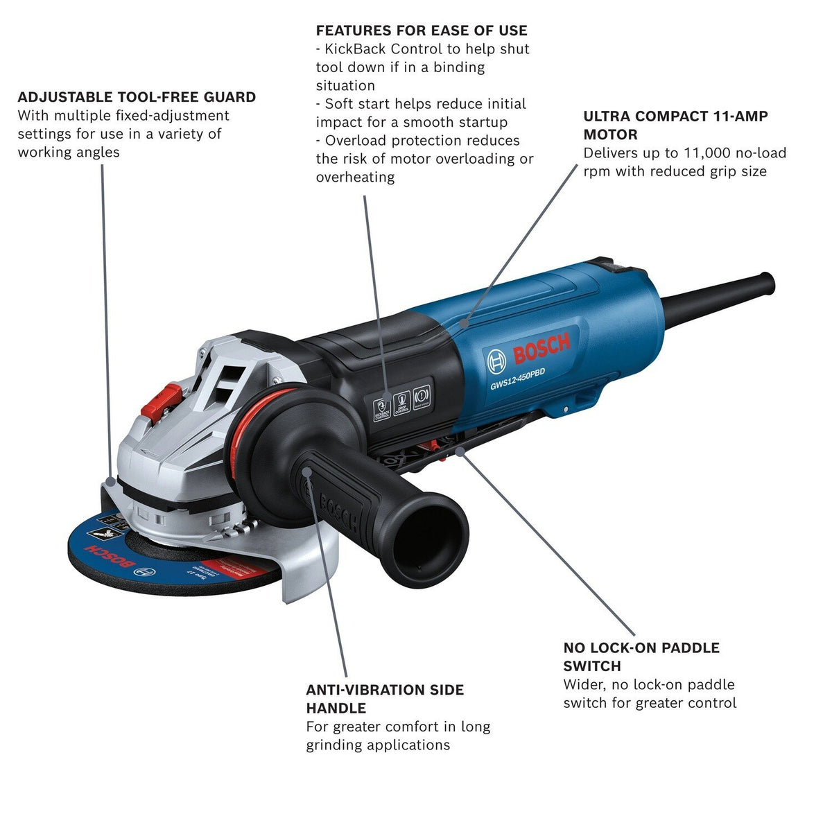 Bosch GWS12-450PBD 4.5" Ergonomic Corded Angle Grinder with No Lock-On Paddle Switch