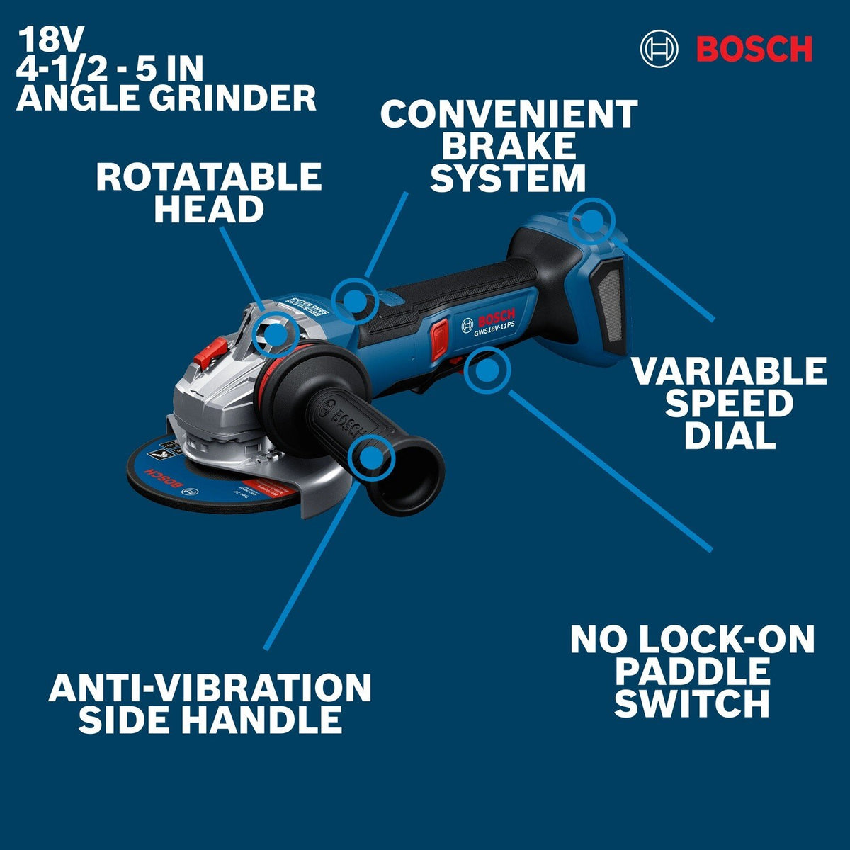 Bosch GWS18V-11PSN 18V 4-1/2" to 5" Brushless Angle Grinder with No Lock-On Paddle Switch - 2