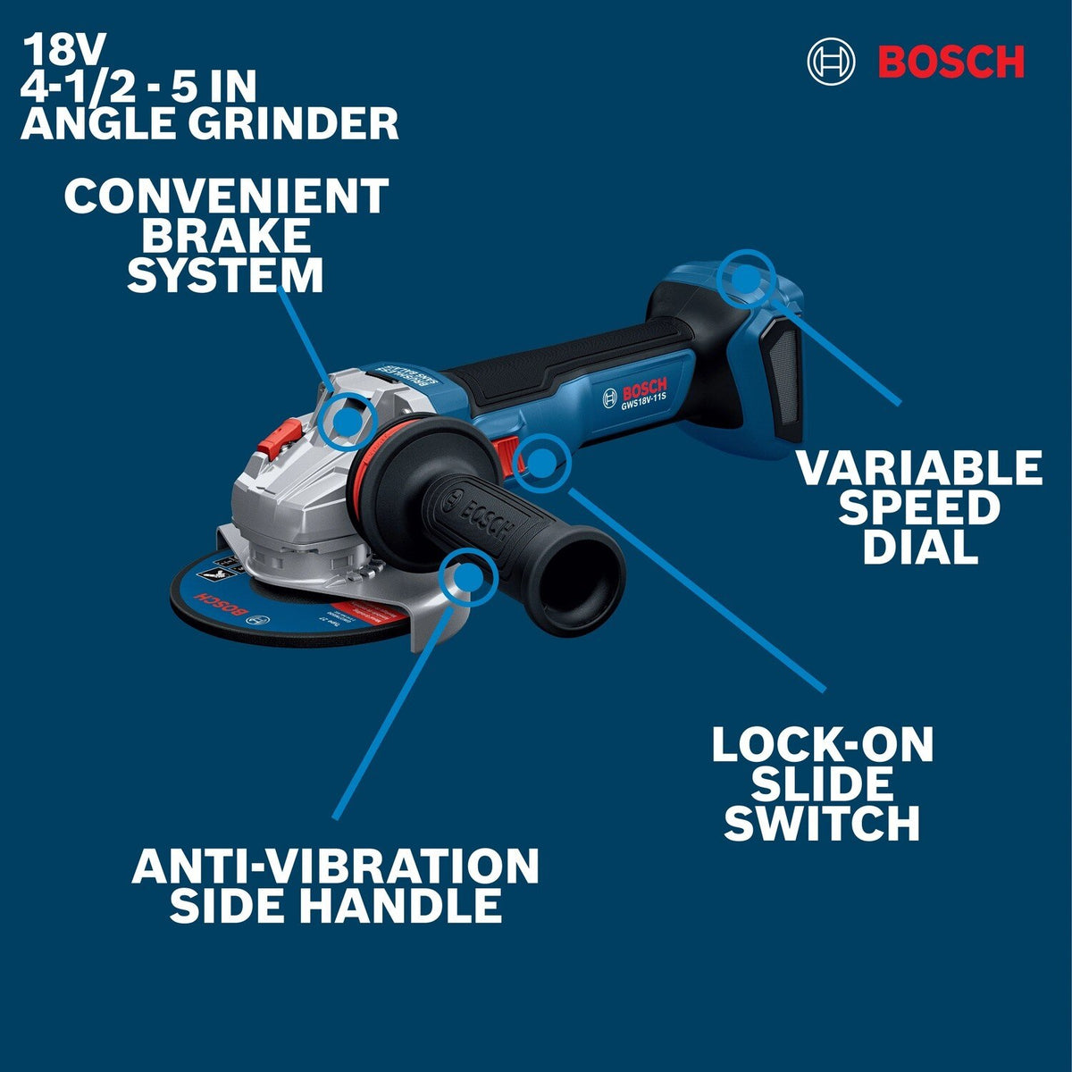 Bosch GWS18V-11SN 18V Brushless 4-1/2 to 5" Variable Speed Angle Grinder (Bare Tool) - 2