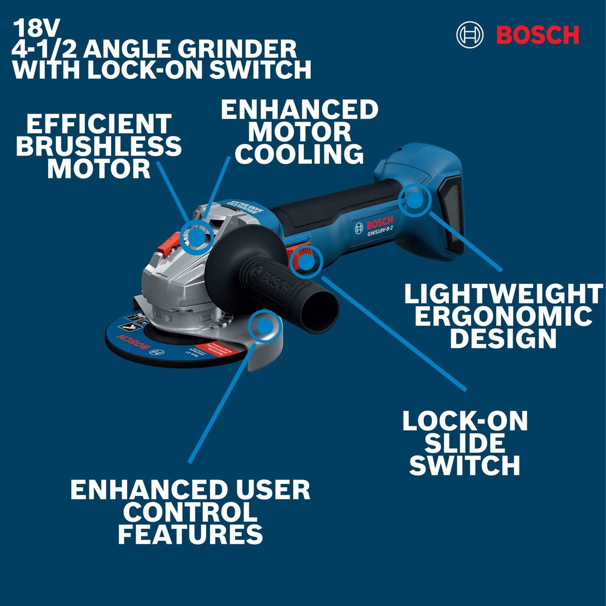 Bosch GWS18V-8-2N 18V Brushless 4-1/2" Angle Grinder with Slide Switch Bare Tool - 2
