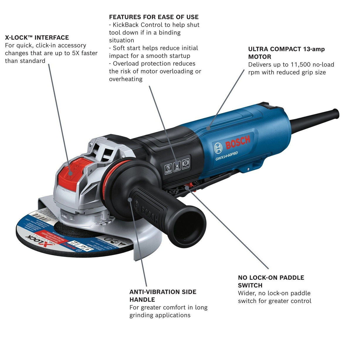 Bosch GWX14-60PBD 6" X-LOCK Corded Angle Grinder with Brake and No Lock-On Paddle Switch - 2