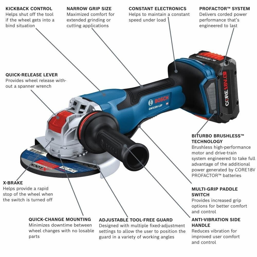 Bosch GWX18V-13CB14 PROFACTOR 18V X-LOCK Connected-Ready 5 – 6 In. Angle Grinder Kit with (1) CORE18V 8 Ah High Power Battery - 2