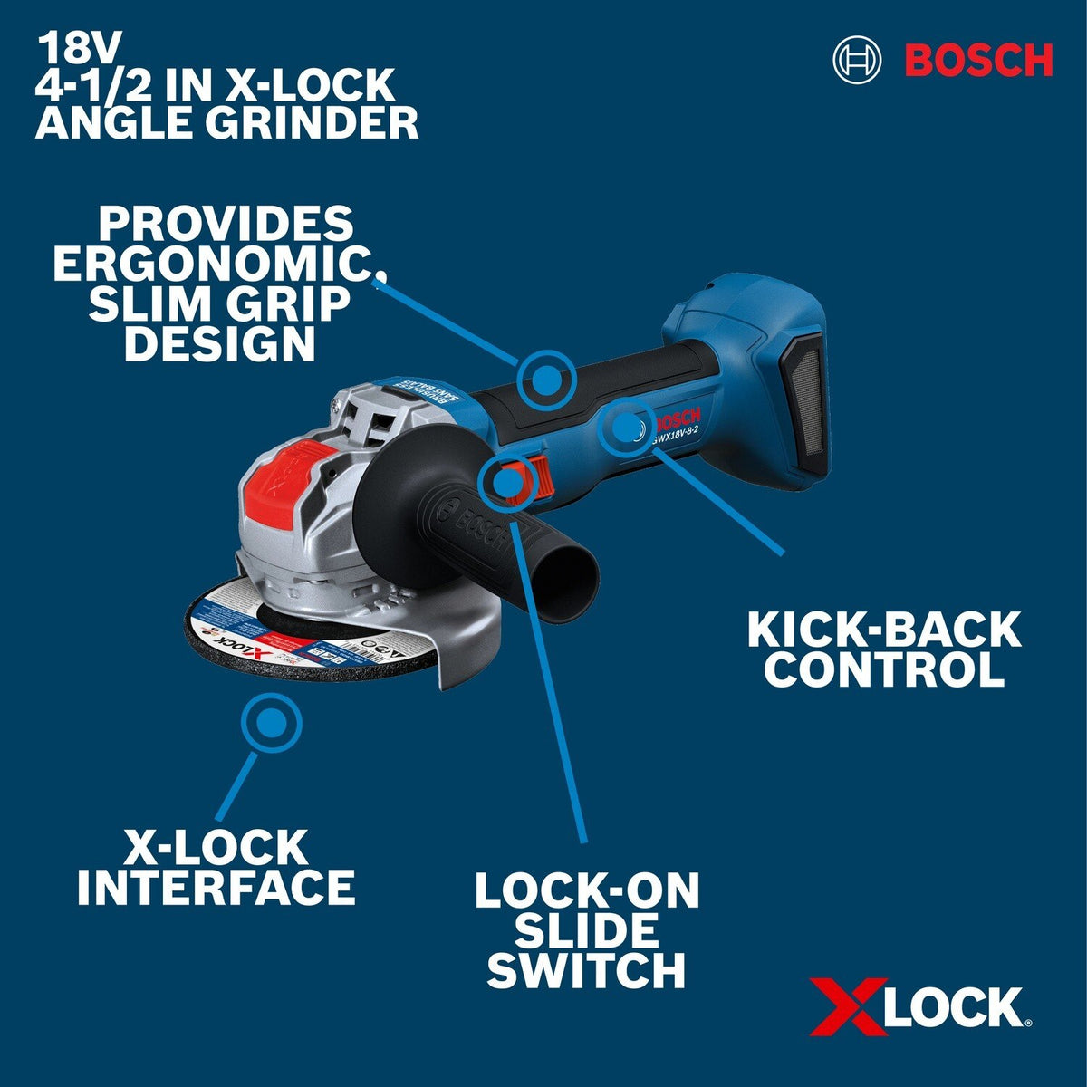Bosch GWX18V-8-2N 18V X-LOCK Brushless 4-1/2" Angle Grinder with Slide Switch (Bare Tool) - 2