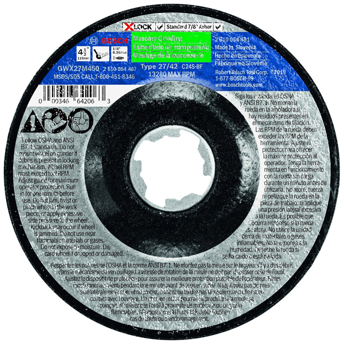 Bosch GWX27M450 4-1/2" x 1/4" X-LOCK Type 27 30 Grit Masonry Grinding Abrasive Wheel