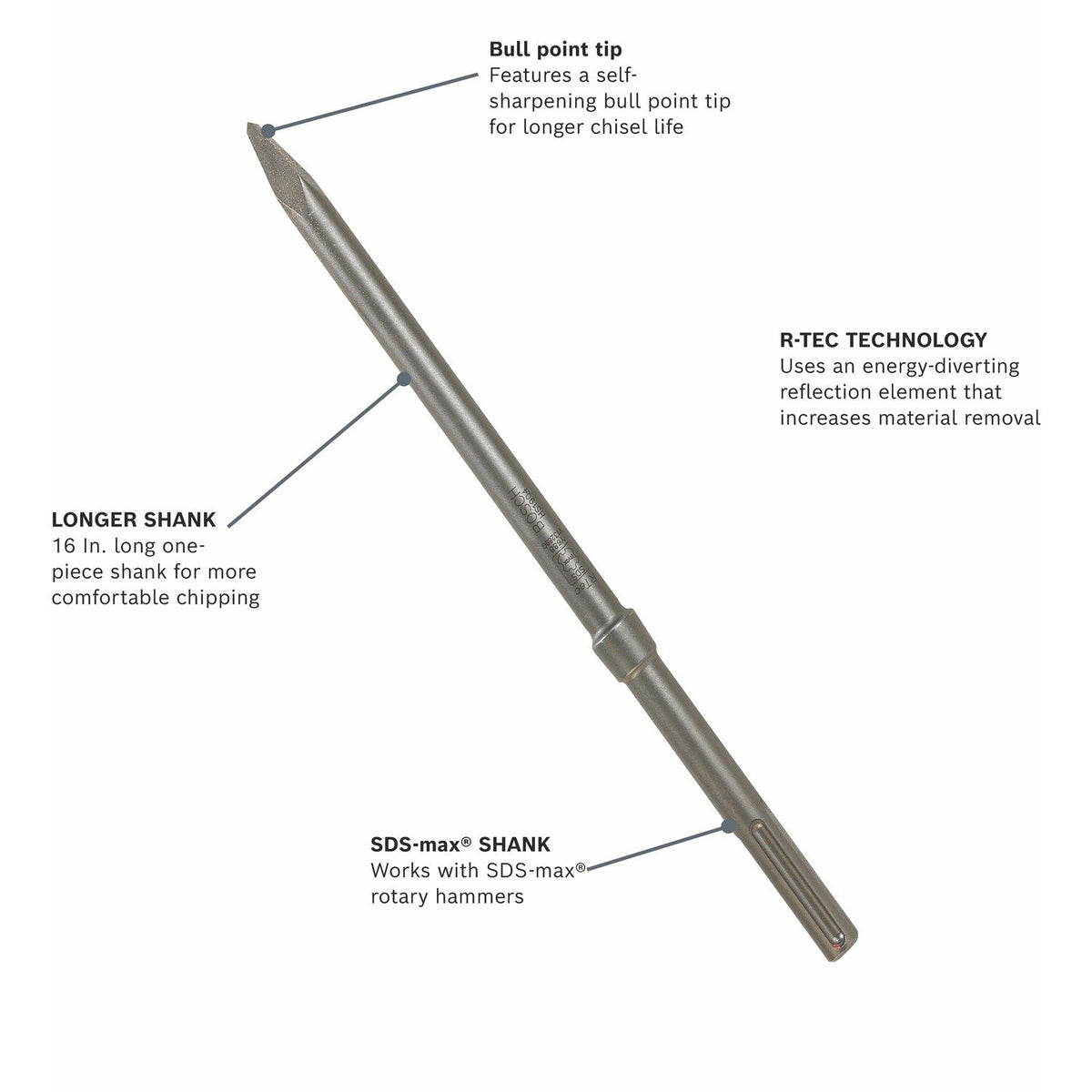 Bosch HS1904 16" SDS Max R Tec Bull Point Chisel for Concrete Removal - 2