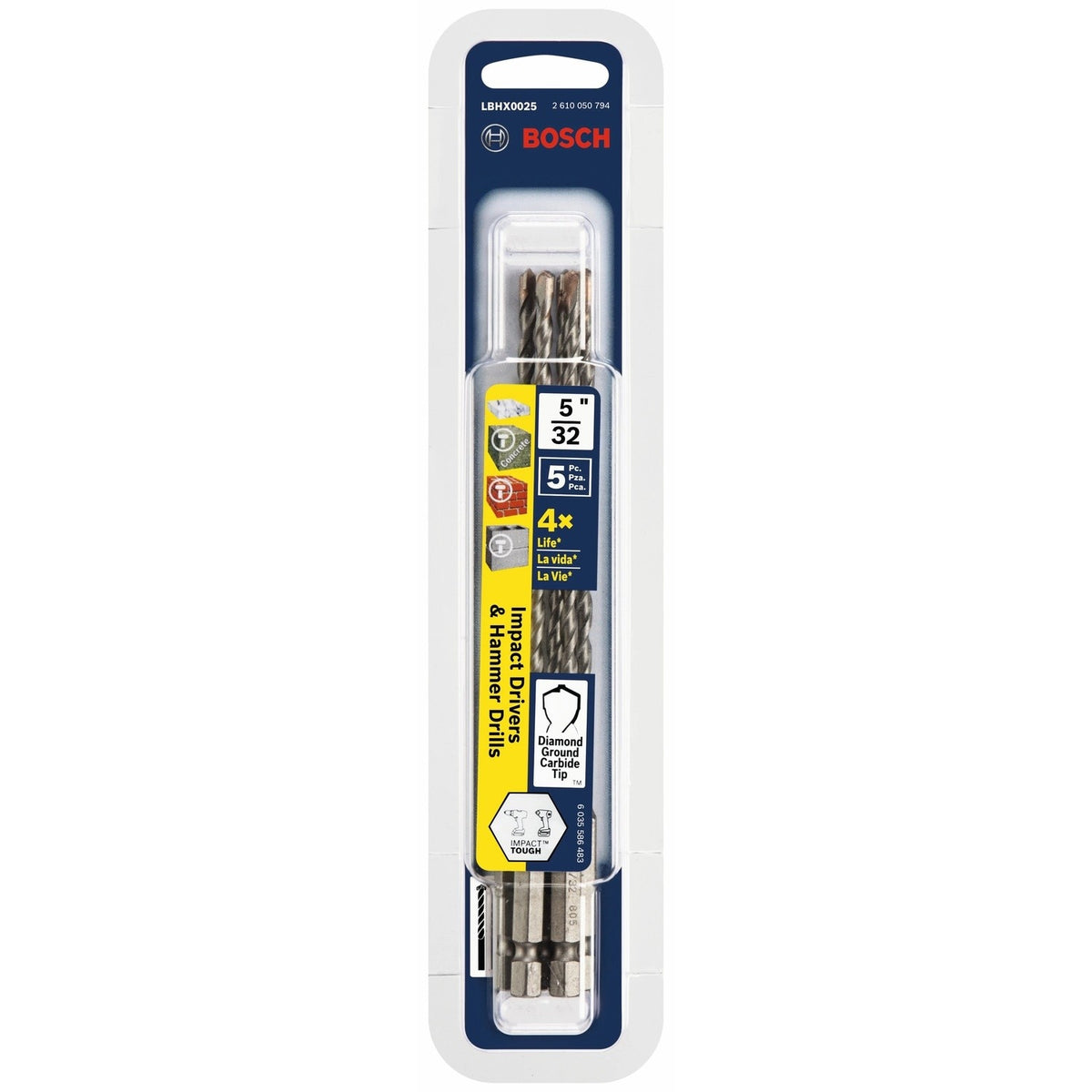 Bosch LBHX0025 5/32" x 6" Carbide Tipped Hex Shank Hammer Drill Masonry Bits (5 Pack) - 2