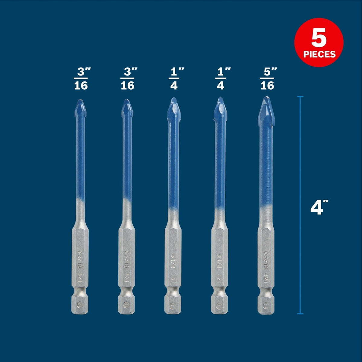 Bosch PTBX05 3/16" to 5/16" Carbide Tipped Porcelain Tile Drill Bit Set with Hex Shank (5 Pack - 2