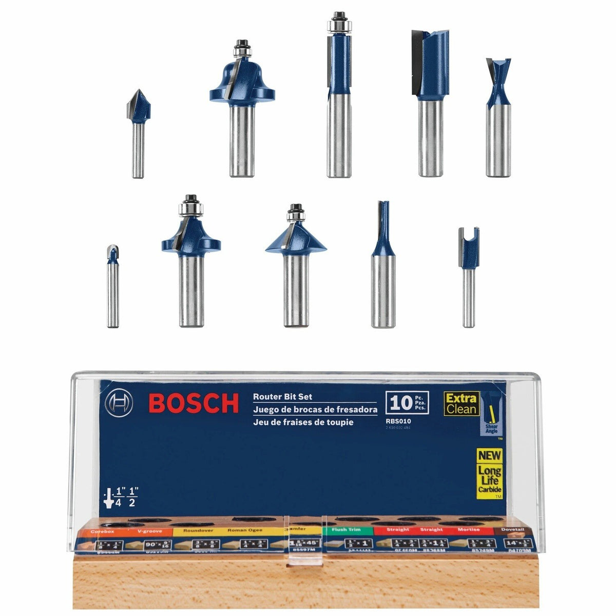 Bosch RBS010 All Purpose Carbide Tipped Router Bit Set with Storage Case (10 Pack)