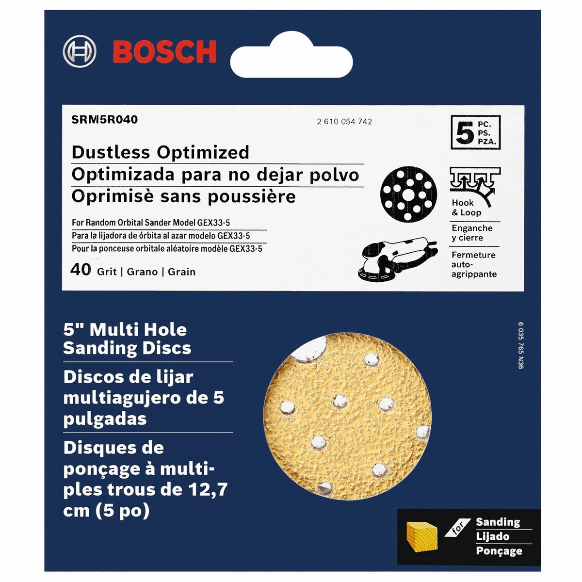 Bosch SRM5R040 5" Multi Hole Hook and Loop 40 Grit Sanding Discs for Wood (5 Pack) - 2