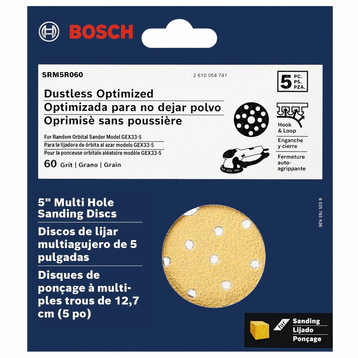Bosch SRM5R060 5" 60 Grit Multi Hole Hook and Loop Sanding Discs for Wood (5 Pack) - 2