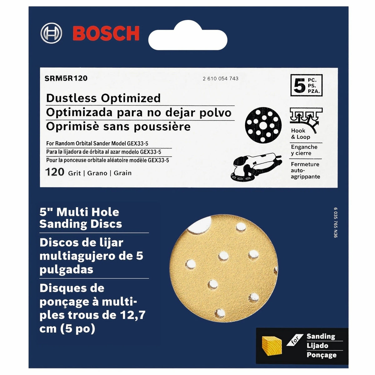 Bosch SRM5R120 5" 120 Grit Multi Hole Hook and Loop Sanding Discs for Wood (5 Pack) - 2