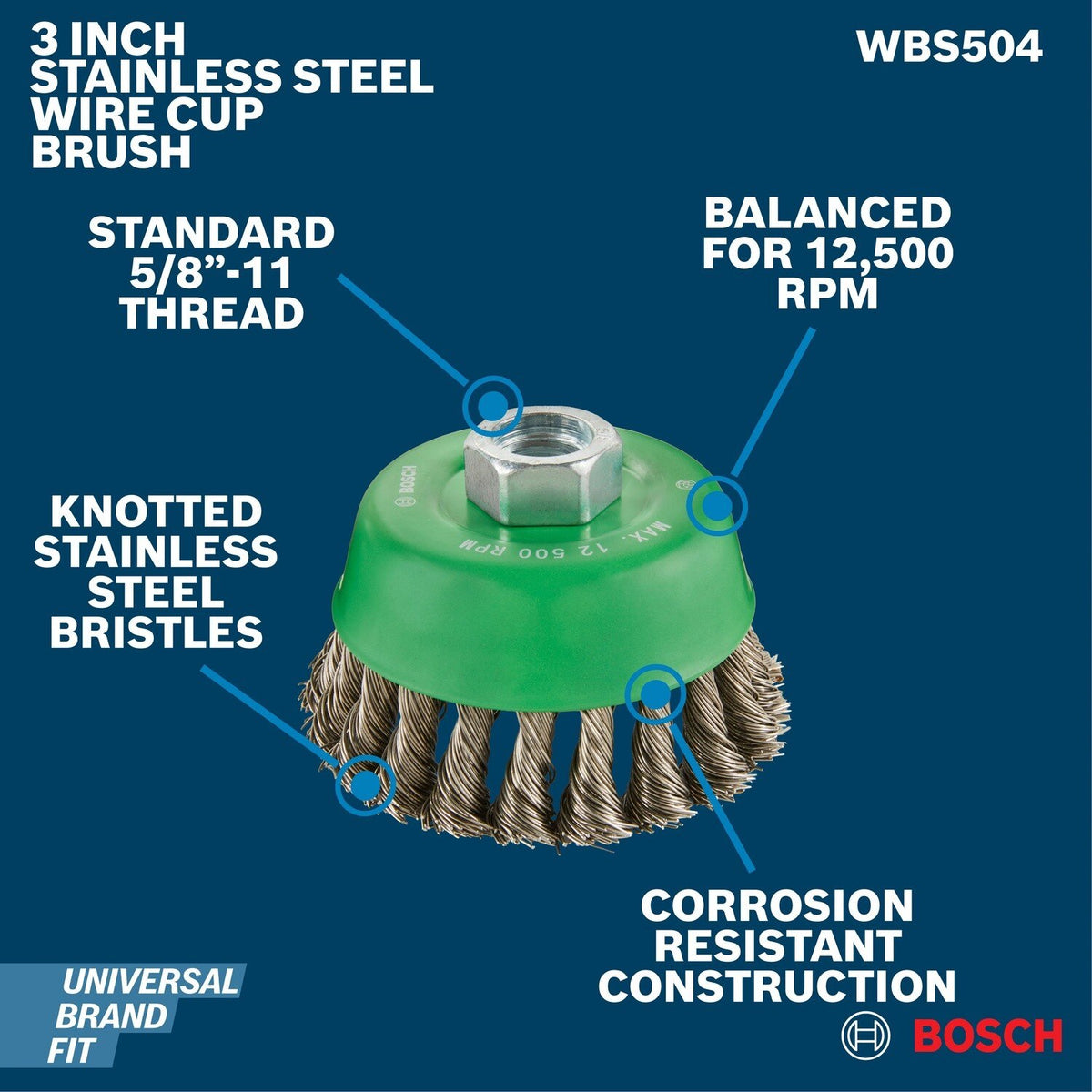 Bosch WBS504 3-1/2" Knotted Stainless Steel Wire Cup Brush for Small Angle Grinders - 2