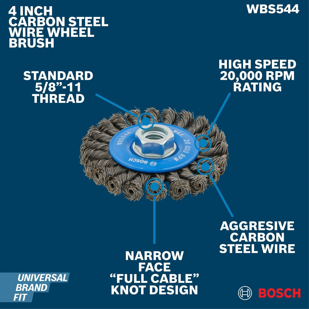Bosch WBS544 4" Full Cable Knotted Carbon Steel Wire Wheel for Metal Surface Preparation - 2
