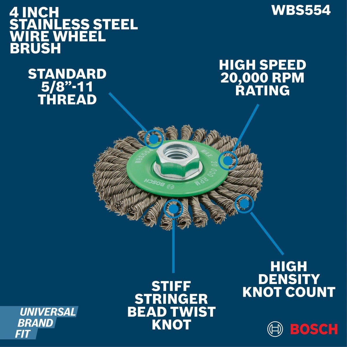Bosch WBS554 4" Stainless Steel Stiff Stringer Wire Wheel for Small Angle Grinders - 2