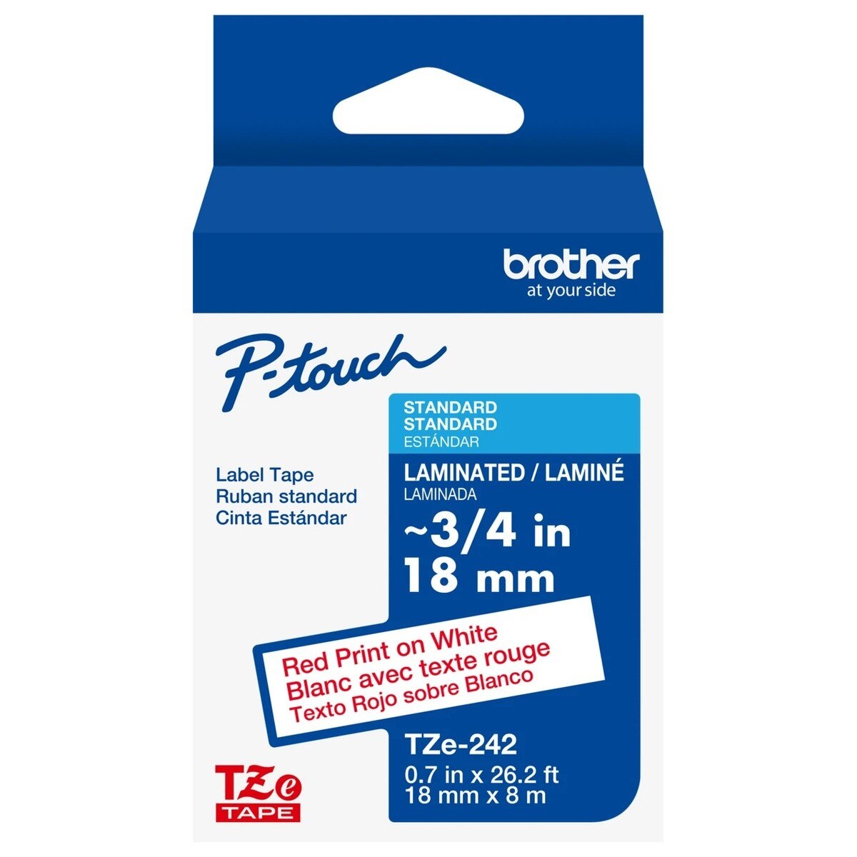 Brother S-23137 3/4" x 26.2' Red on White Laminated P-Touch TZe Label Tape Cartridge