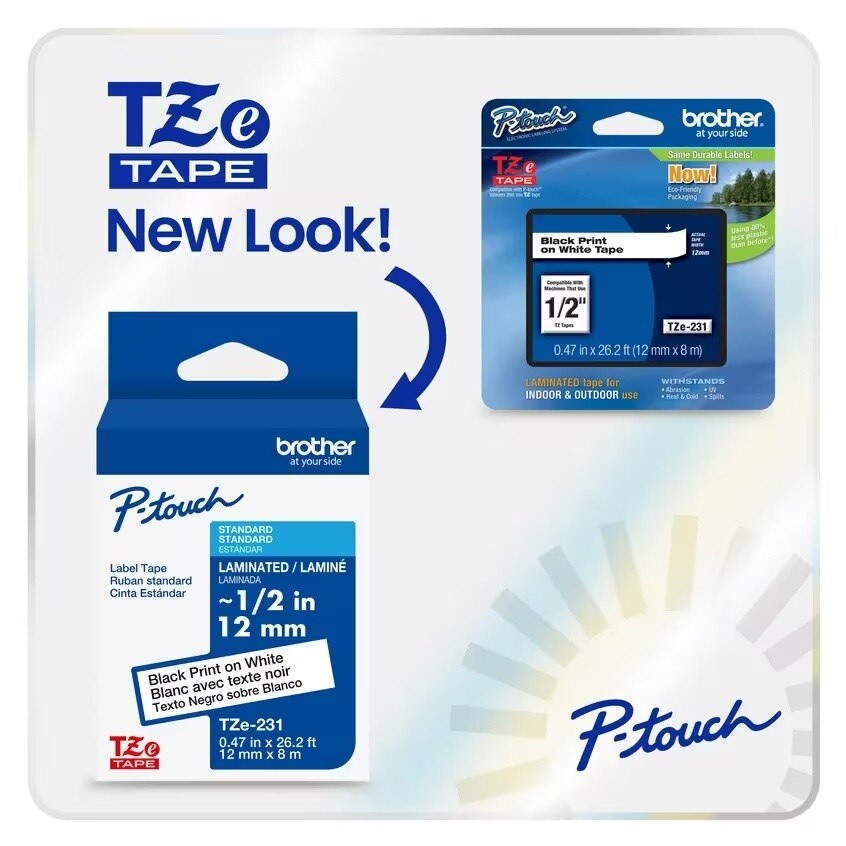 Brother TZE-231-2PK 0.47" x 26.2' P-touch Black Print on White Laminated Label Tape (2 Pack) - 2