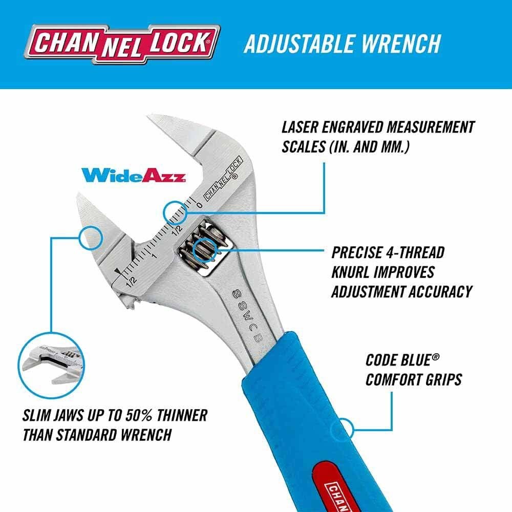 Channel Lock 8SWCB 8" Code Blue Wideazz Sliw Jaw Adjustable Wrench - 2