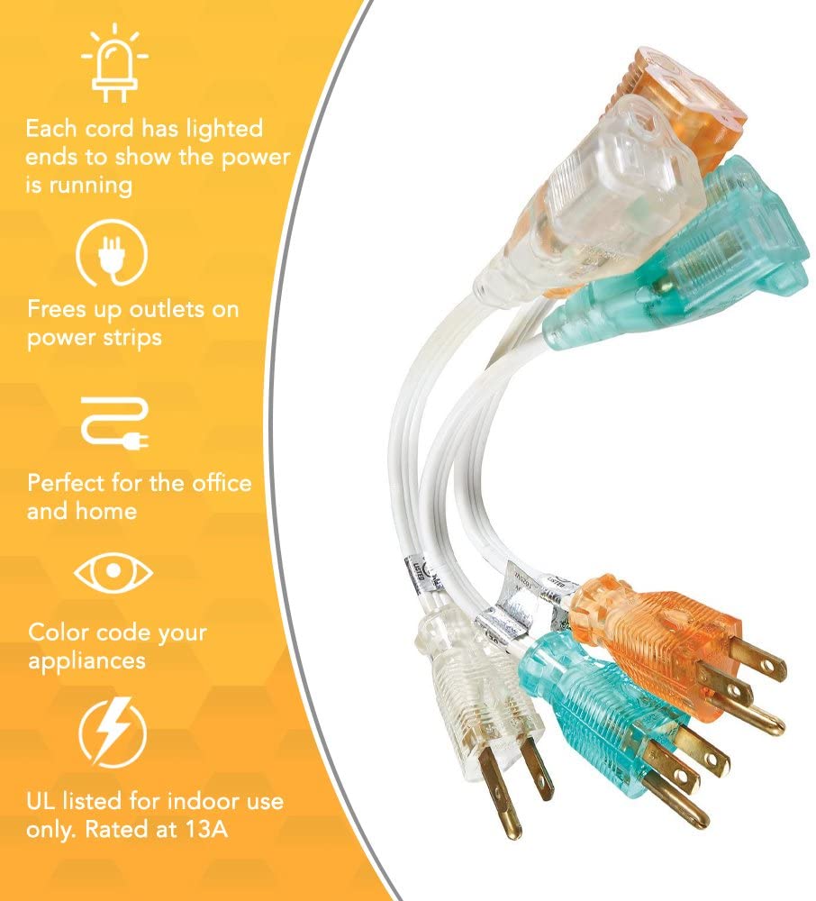 Coleman Cable 6991 Power Strip Liberator, 8-Inch Extension Cord, 3-Pack - 3