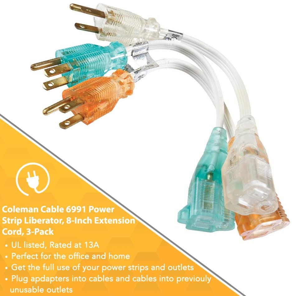Coleman Cable 6991 Power Strip Liberator, 8-Inch Extension Cord, 3-Pack - 4