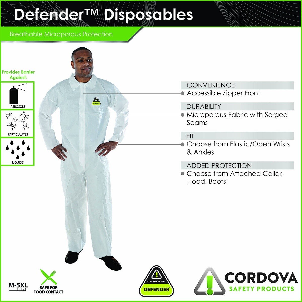 Cordova Safety CPH4XL Defender White Microporous Disposable Coverall with Hood and Zipper Front Size 4XL - 2