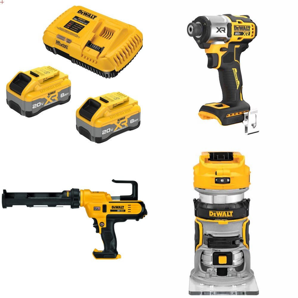 DeWalt DCB2108-2C 8Ah Starter Kit W/ FREE DCF845B Driver, DCE560B Caulk Gun and DCW600B Router