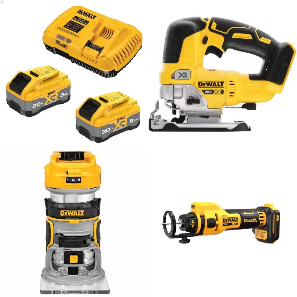 DeWalt DCB2108-2C 8Ah Starter Kit W/ FREE DCS334B Jig Saw, DCW600B Router and DCE555B Cut-Out Tool