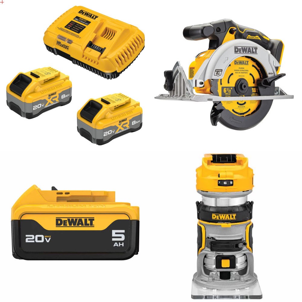 DeWalt 8Ah 2 Pack Kit W/ FREE Circular Saw and FREE Battery and FREE Router