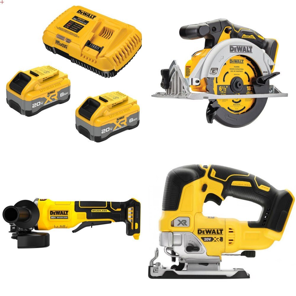 DeWalt DCB2108-2C 20V XR 8Ah Starter Kit W/ FREE DCS565 Saw, DCG408 Grinder and DCS334 Jig Saw