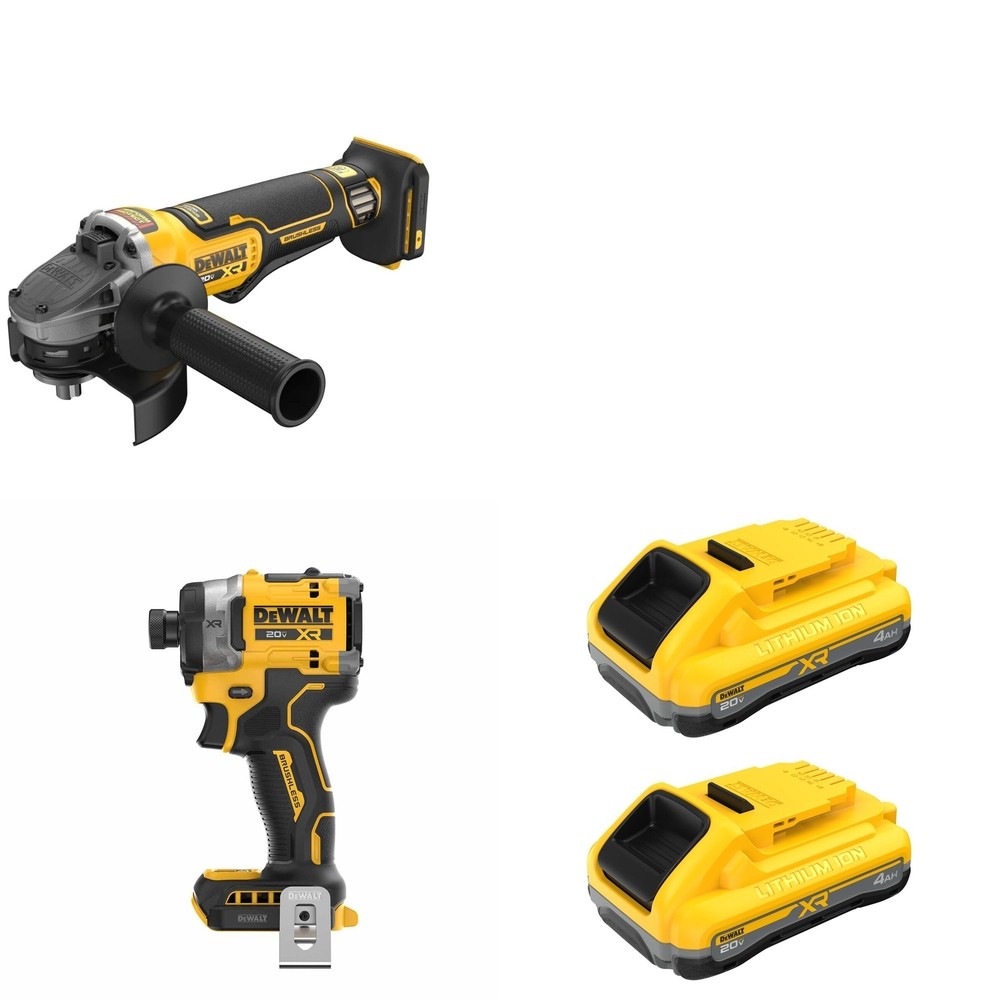 DeWalt DCG410B Angle Grinder W/ DCB2104-2 POWERPACK 4Ah 2-Pack and DCF860B Impact Driver