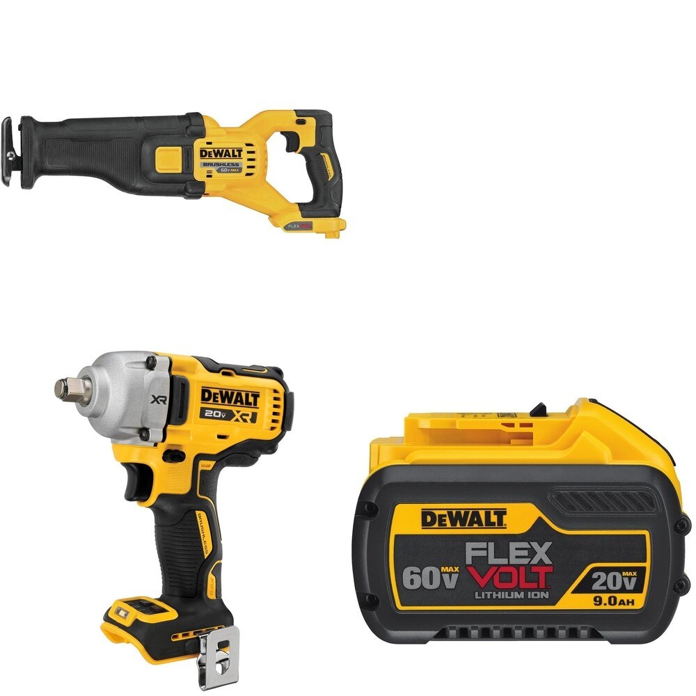 DeWalt DCS389B 60V Recip Saw W/ DCF891B Mid-Range Impact Wrench and DCB609 9.0Ah Battery