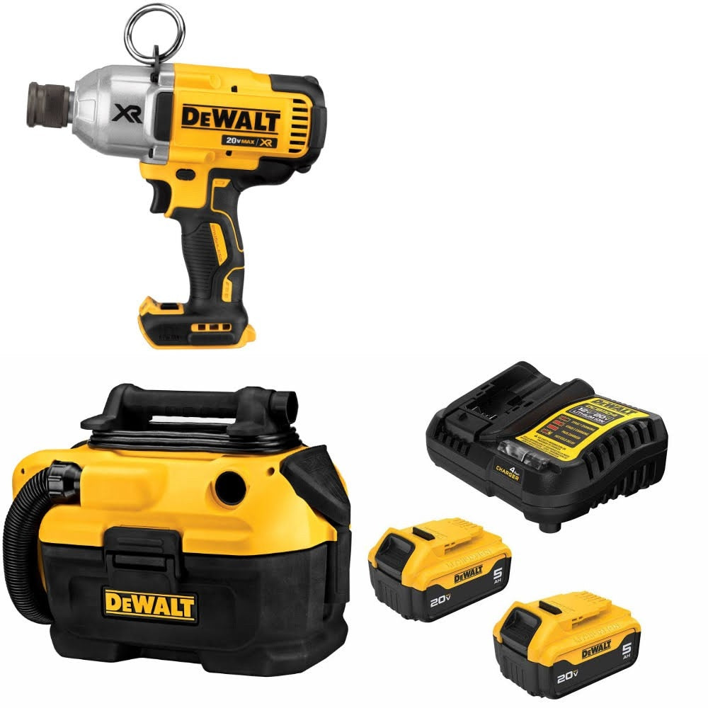 DeWalt DCF898B 20V MAX Impact Wrench Kit W/ DCV581H Wet-Dry Vacuum and FREE DCB205-2C Battery Kit